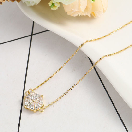 Imagen de 316 Acero Inoxidable Micro Pave Collares Chapado en Oro Hexágono Claro Circón Artificial 47cm longitud, 1 Unidad”