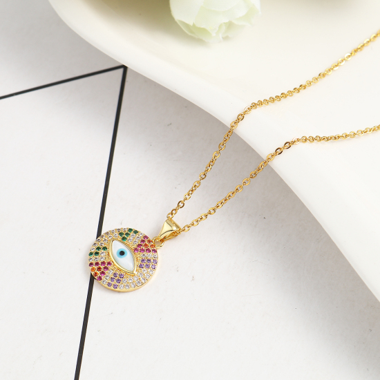Imagen de 316 Acero Inoxidable Micro Pave Collares Chapado en Oro Ronda Ojo Multicolor Circón Artificial 45cm longitud, 1 Unidad”