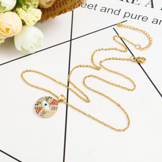 Imagen de 316 Acero Inoxidable Micro Pave Collares Chapado en Oro Ronda Ojo Multicolor Circón Artificial 45cm longitud, 1 Unidad”