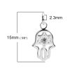 Picture of Sterling Silver Charms Silver Hamsa Symbol Hand Star Of David Hexagram Clear Rhinestone 15mm( 5/8") x 8mm( 3/8"), 1 Piece