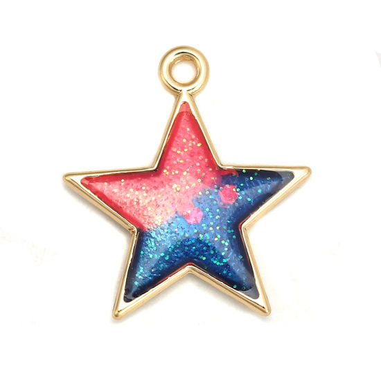 Picture of Zinc Based Alloy Galaxy Charms Pentagram Star Gold Plated Blue & Fuchsia AB Color Glitter Enamel 23mm( 7/8") x 21mm( 7/8"), 5 PCs