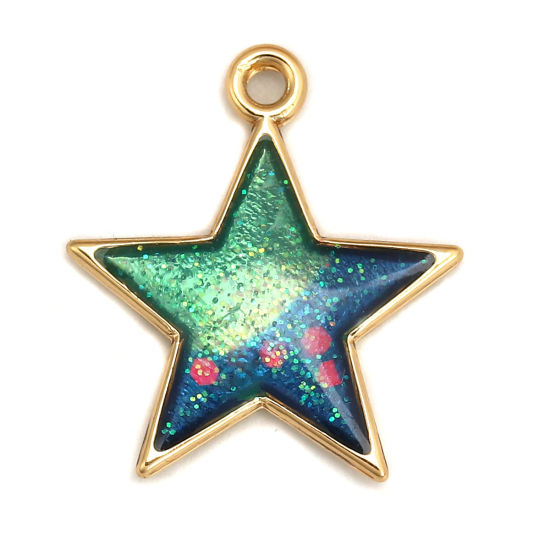 Picture of Zinc Based Alloy Galaxy Charms Pentagram Star Gold Plated Blue & Green AB Color Glitter Enamel 23mm( 7/8") x 21mm( 7/8"), 5 PCs