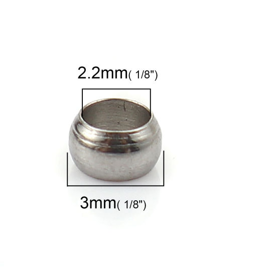 Picture of Stainless Steel Crimp Beads Cylinder Silver Tone 3mm( 1/8") x 2mm( 1/8"), Hole: Approx 2.2mm, 100 PCs