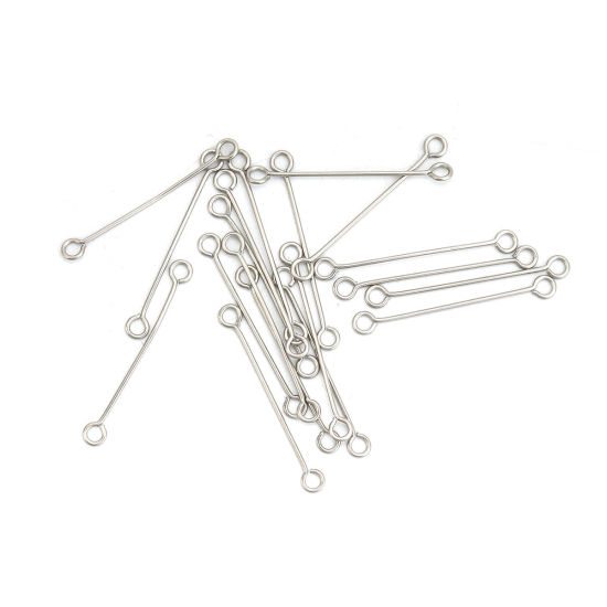 Picture of 304 Stainless Steel Eye Pins Silver Tone 30mm(1 1/8") long, 0.7mm (21 gauge), 100 PCs