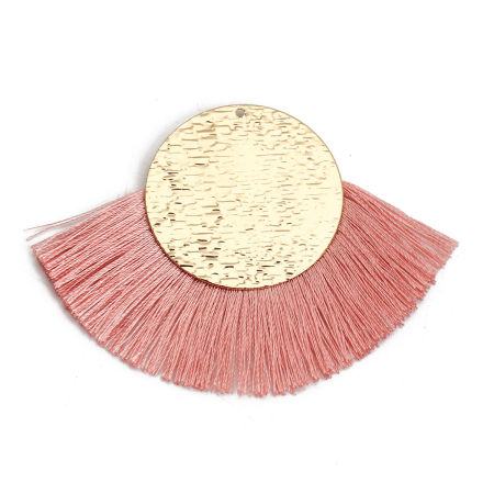 Image de Pendentifs Franges en Polyester Rond Doré Orange Clair 70mm x 50mm, 3 Pcs