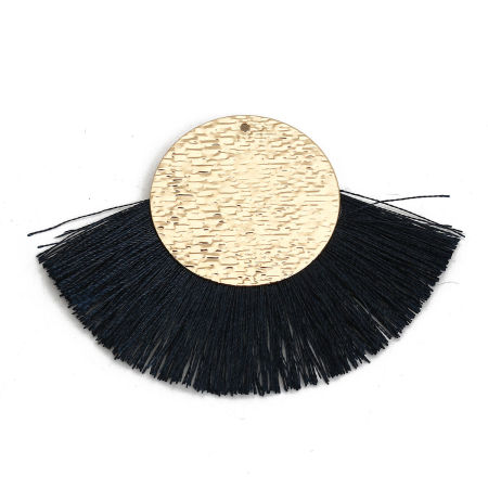 Image de Pendentifs Franges en Polyester Rond Doré Bleu Marine 70mm x 50mm, 3 Pcs