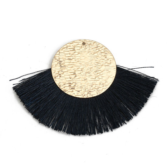 Immagine di Poliestere Nappine Ciondoli Tondo Oro Placcato Blu Nero 70mm x 50mm, 3 Pz