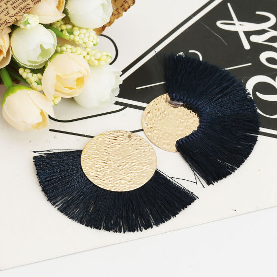 Immagine di Poliestere Nappine Ciondoli Tondo Oro Placcato Blu Nero 70mm x 50mm, 3 Pz