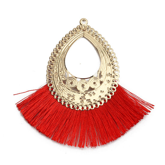 Picture of Polyester Tassel Pendants Drop Gold Plated Red 7cm x6.7cm(2 6/8" x2 5/8") - 6.7cm x6.5cm(2 5/8" x2 4/8"), 3 PCs