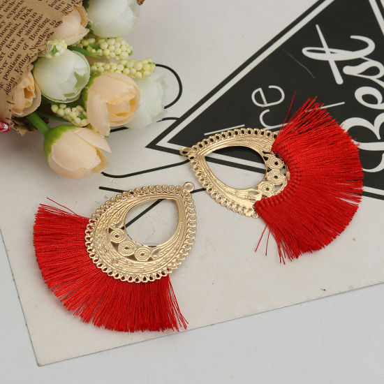Immagine di Poliestere Nappine Ciondoli Goccia Oro Placcato Rosso 7cm x 6.7cm, 3 Pz