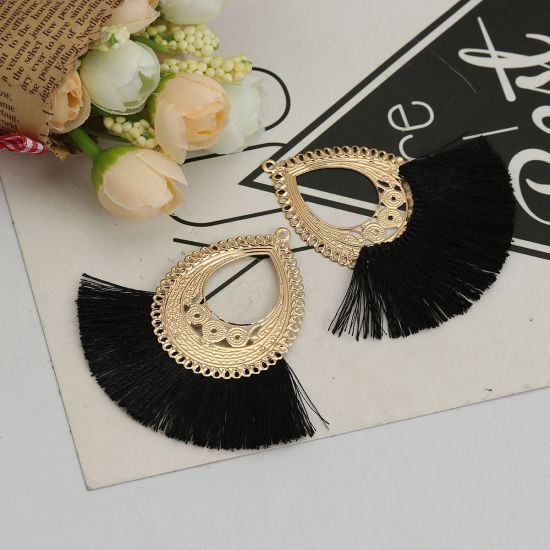 Immagine di Poliestere Nappine Ciondoli Goccia Oro Placcato Nero 7cm x 6.7cm, 3 Pz