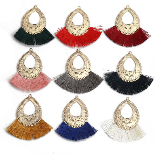 Immagine di Poliestere Nappine Ciondoli Goccia Oro Placcato Nero 7cm x 6.7cm, 3 Pz