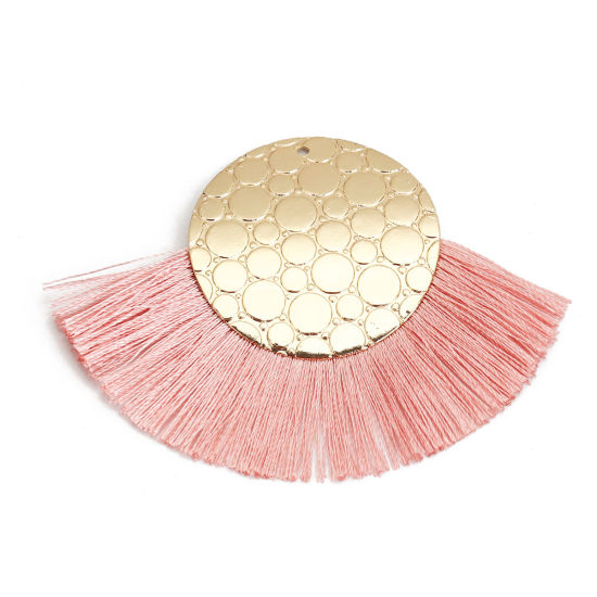 Picture of Polyester Tassel Pendants Round Gold Plated Orange Pink 68mm(2 5/8") x 50mm(2"), 3 PCs