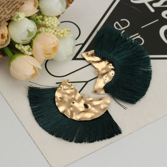 Immagine di Poliestere Nappine Ciondoli A Forma di Ventagli Oro Placcato Verde Scuro 7.5cm x 4.5cm, 3 Pz