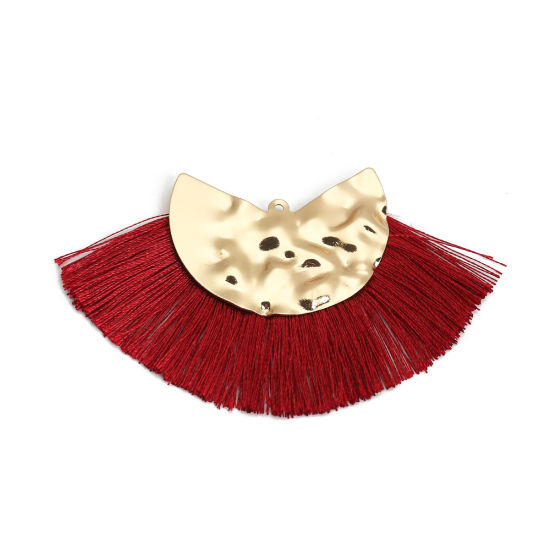 Immagine di Poliestere Nappine Ciondoli A Forma di Ventagli Oro Placcato Colore di Vino Rosso 7.5cm x 4.5cm, 3 Pz