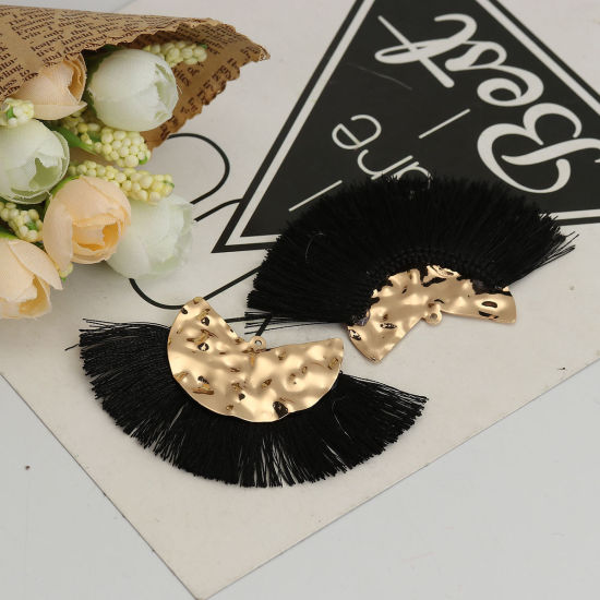 Immagine di Poliestere Nappine Ciondoli A Forma di Ventagli Oro Placcato Nero 7.5cm x 4.5cm, 3 Pz