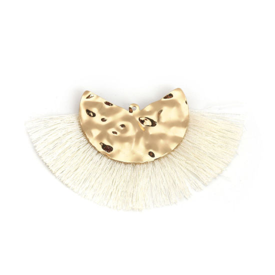 Immagine di Poliestere Nappine Ciondoli A Forma di Ventagli Oro Placcato Bianco 7.5cm x 4.5cm, 3 Pz