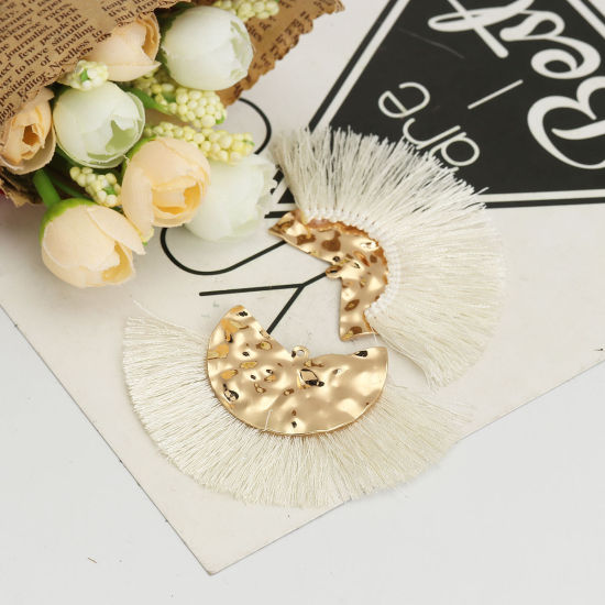 Immagine di Poliestere Nappine Ciondoli A Forma di Ventagli Oro Placcato Bianco 7.5cm x 4.5cm, 3 Pz