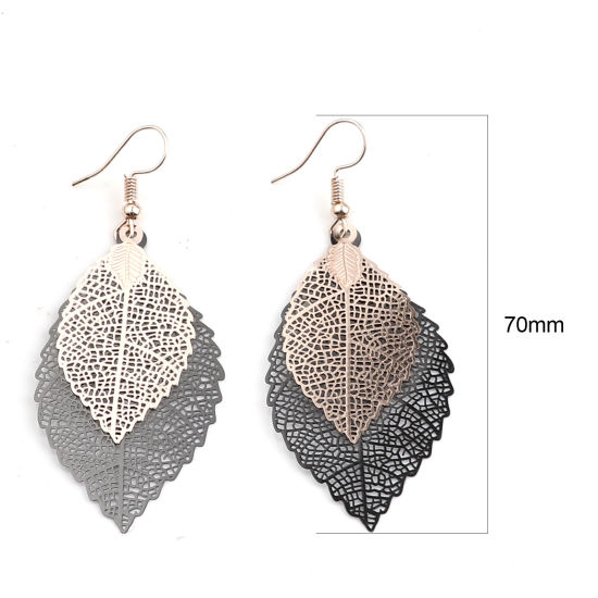 Picture of Stainless Steel Earrings Golden Gray Leaf Color Plated 7cm(2 6/8") long, 1 Pair