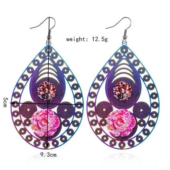 Imagen de Acero Inoxidable Pendientes Multicolor Gota Rosa Color Plateado 9.3cm x 5cm, 1 Par