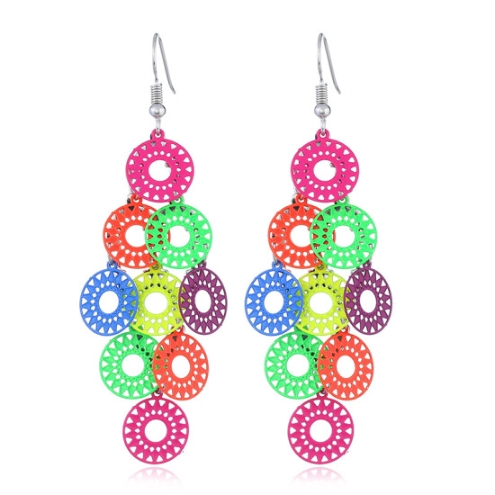 Immagine di Acciaio Inossidabile Orecchino Multicolore Tondo Sole Colore Placcato 7.5cm x 2.7cm, 1 Paio
