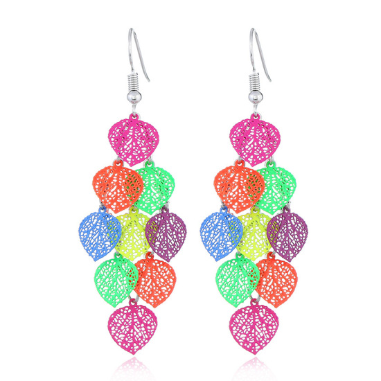 Immagine di Acciaio Inossidabile Orecchino Multicolore Cuore Foglia Colore Placcato 7.5cm x 2.6cm, 1 Paio