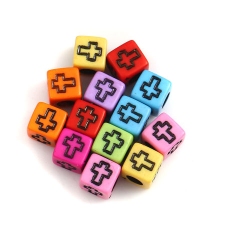 Bild von 500 Stück Acryl Perlen zur DIY-Schmuckherstellung Zufällig Gemischte Farben Würfel Kreuz ca. 6mm x 6mm, Loch:ca. 3.2mm