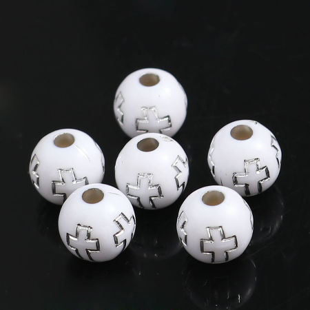 Bild von 500 Stück Acryl Perlen zur DIY-Schmuckherstellung Weiß Rund Kreuz ca. 8mm D., Loch:ca. 2mm