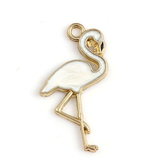 Picture of Zinc Based Alloy Charms Flamingo Gold Plated White Enamel 27mm(1 1/8") x 15mm( 5/8"), 10 PCs