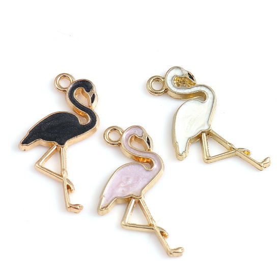 Picture of Zinc Based Alloy Charms Flamingo Gold Plated White Enamel 27mm(1 1/8") x 15mm( 5/8"), 10 PCs