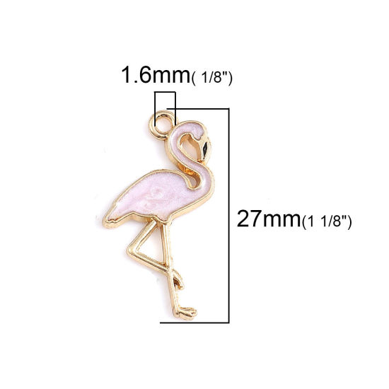 Picture of Zinc Based Alloy Charms Flamingo Gold Plated Mauve Enamel 27mm(1 1/8") x 15mm( 5/8"), 10 PCs