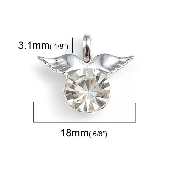 Picture of Zinc Based Alloy Charms Angel Silver Tone Wing Clear Rhinestone 18mm( 6/8") x 15mm( 5/8"), 10 PCs