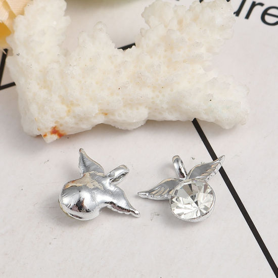 Picture of Zinc Based Alloy Charms Angel Silver Tone Wing Clear Rhinestone 18mm( 6/8") x 15mm( 5/8"), 10 PCs