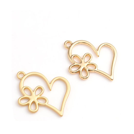 Imagen de Zamak Colgantes Charms Corazón Chapado en Oro Flor 24mm x 19mm, 10 Unidades