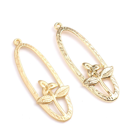 Imagen de Zamak Colgantes Óvalo Chapado en Oro Flor 41mm x 15mm, 10 Unidades