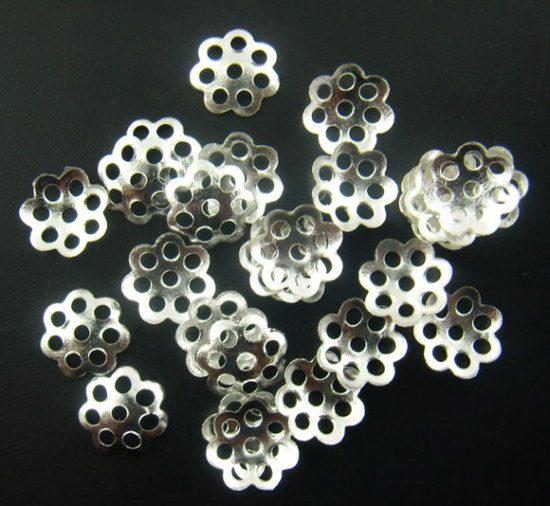 Image de Coupelle Filigranée en Alliage Fleur Argenté (Approprié à Perle 8mm - 14mm) 6mm x 6mm, 2000 PCs