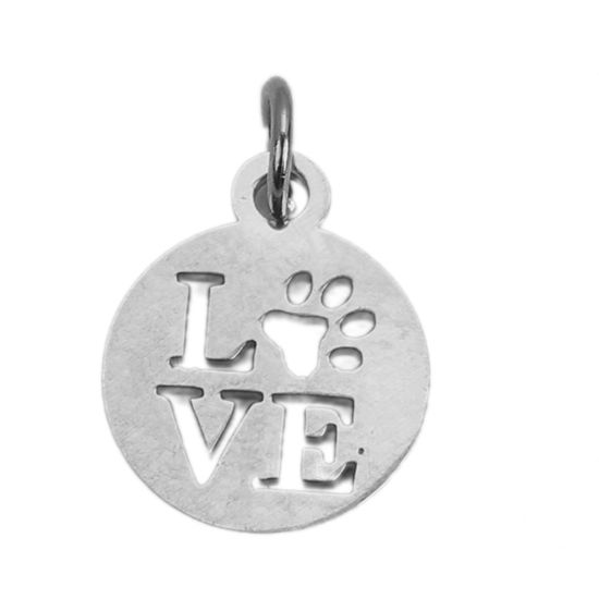 Picture of 304 Stainless Steel Charms Round Silver Tone Message " LOVE " W/ Jump Ring 17mm( 5/8") x 12mm( 4/8"), 6 PCs”