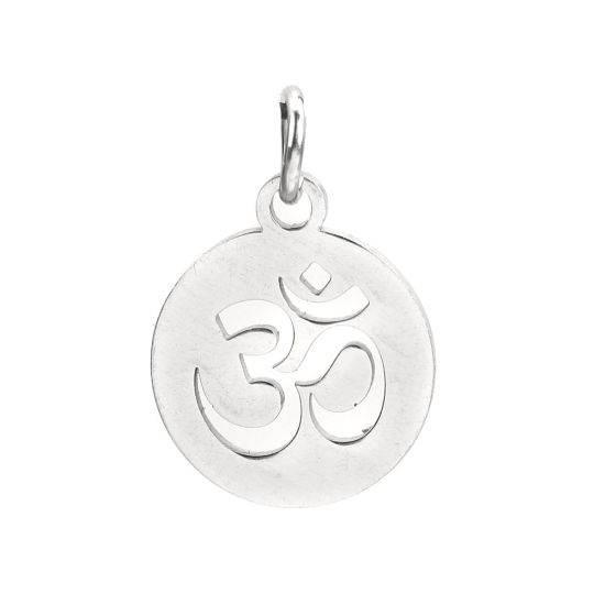 Picture of 304 Stainless Steel Charms Round Silver Tone Yoga OM/ Aum W/ Jump Ring 17mm( 5/8") x 12mm( 4/8"), 6 PCs”