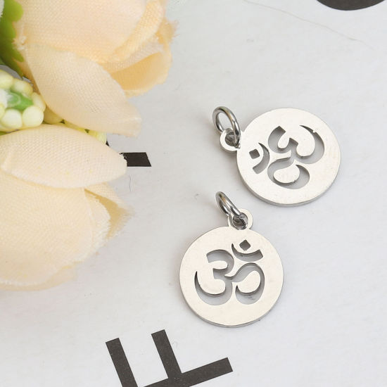 Picture of 304 Stainless Steel Charms Round Silver Tone Yoga OM/ Aum W/ Jump Ring 17mm( 5/8") x 12mm( 4/8"), 6 PCs”