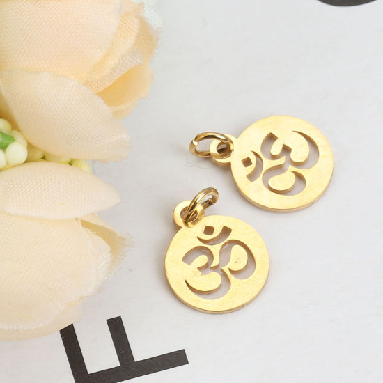 Picture of 304 Stainless Steel Charms Round Gold Plated Yoga OM/ Aum W/ Jump Ring 17mm( 5/8") x 12mm( 4/8"), 3 PCs”