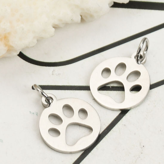 Imagen de 304 Acero Inoxidable Colgantes Charms Pata de Perro Tono de Plata Ronda con círculos 17mm x 12mm, 6 Unidades”