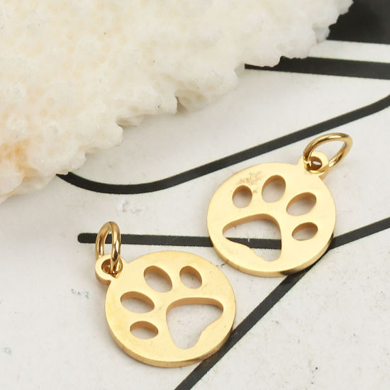 Imagen de 304 Acero Inoxidable Colgantes Charms Pata de Perro Chapado en Oro Ronda con círculos 17mm x 12mm, 3 Unidades”