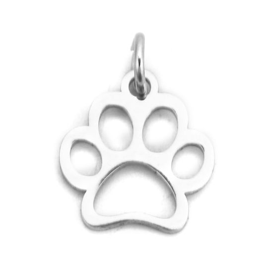 Picture of 304 Stainless Steel Charms Dog's Paw Silver Tone W/ Jump Ring 16mm( 5/8") x 12mm( 4/8"), 6 PCs”