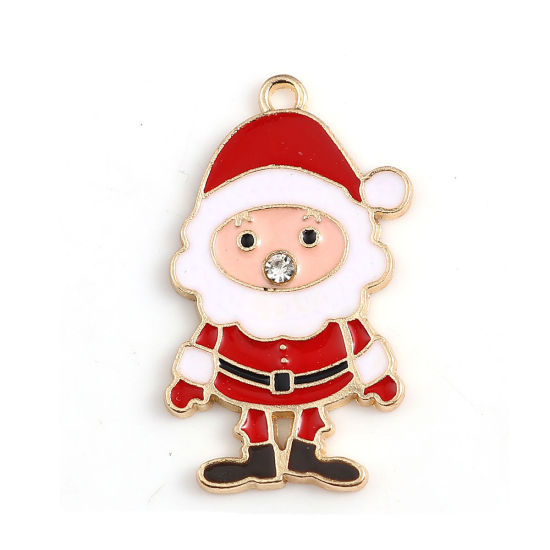 Image de Pendentifs en Alliage de Zinc Père de Noël Email Doré Blanc & Rouge à Strass Transparent 30mm x 17mm, 10 Pcs