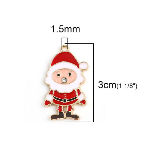 Изображение Подвески Дед Мороз Позолоченный Белый & Красный Прозрачный Страз С Эмалью 30мм x 17мм, 10 ШТ