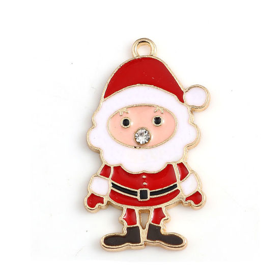 Picture of Zinc Based Alloy Pendants Christmas Santa Claus Gold Plated White & Red Clear Rhinestone Enamel 30mm(1 1/8") x 17mm( 5/8"), 10 PCs