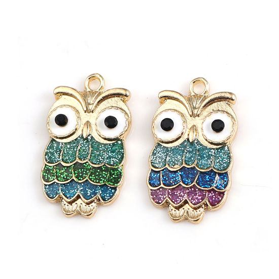 Imagen de Zamak Colgantes Charms Búho Chapado en Oro Multicolor Negro Rhinestone Esmalte 23mm x 13mm, 10 Unidades