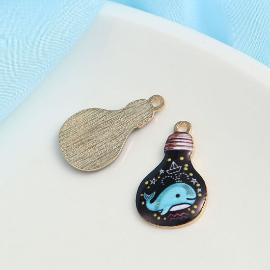 Picture of Zinc Based Alloy Charms Whale Animal Gold Plated Black Light Bulb Enamel 28mm(1 1/8") x 17mm( 5/8"), 10 PCs