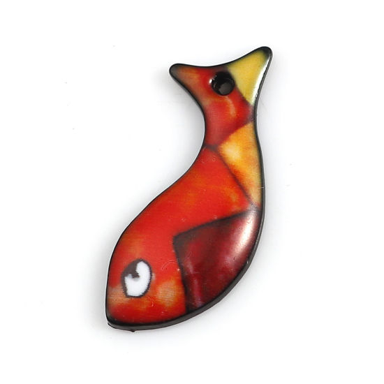 Picture of Zinc Based Alloy Ocean Jewelry Charms Fish Animal Black Red Enamel 22mm( 7/8") x 11mm( 3/8"), 10 PCs