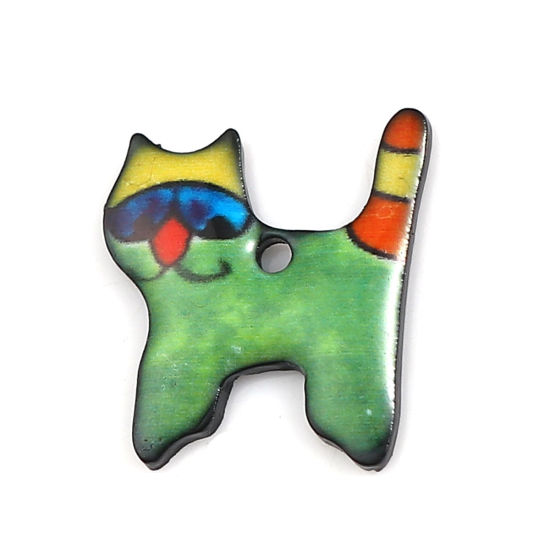 Imagen de Zamak Colgantes Charms Gato Negro Verde Esmalte 14mm x 13mm, 10 Unidades